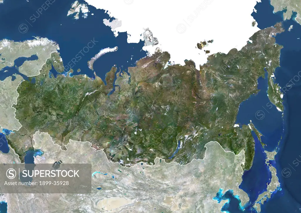 Russia, True Colour Satellite Image With Mask And Border. Russia, true colour satellite image with mask and border. Composite image using data from LANDSAT 5 & 7satellites.