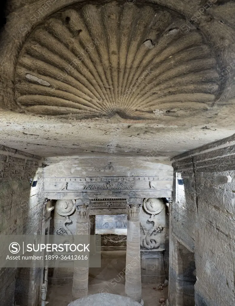 Carved tombs of the Kom El Shoqafa  catacombs of Alexandria, Egypt.