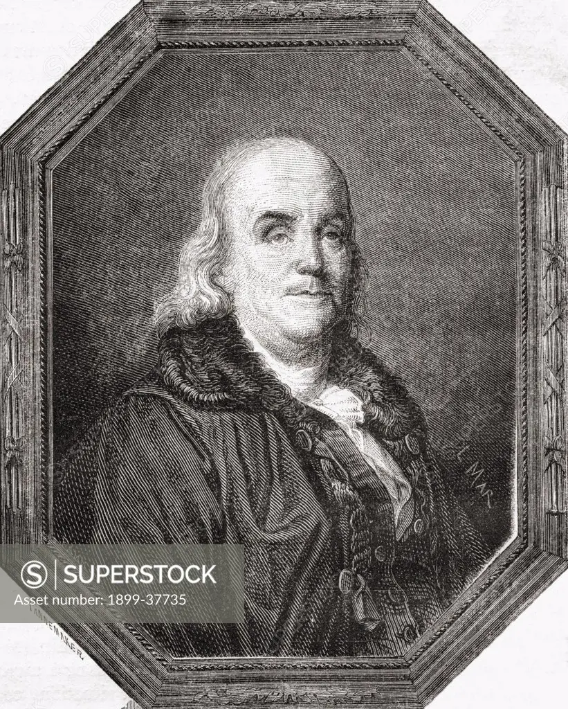 Benjamin Franklin, 1706-1790. American statesman.Engraved by Pannemaker-Ligny after De La Charlerie. From ""Histoire de la Revolution Francaise"" by Louis Blanc.