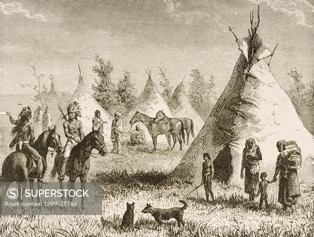 Sioux village showing teepees. From American Pictures Drawn With Pen And Pencil by Rev Samuel Manning circa 1880