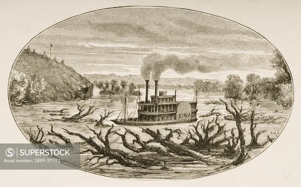 Paddle steamer on the Upper Missouri in 1870s. From American Pictures Drawn With Pen And Pencil by Rev Samuel Manning circa 1880