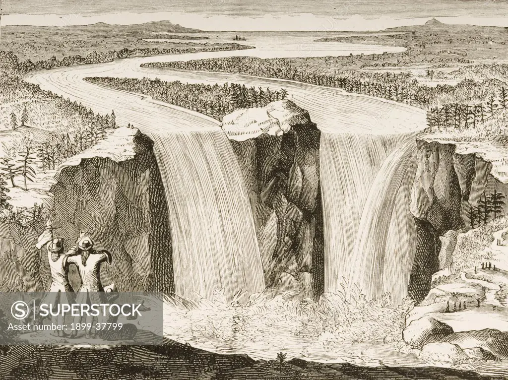 Copy of Father Hennepin's 1677 sketch of Niagara Falls redrawn in 1870s. From American Pictures Drawn With Pen And Pencil by Rev Samuel Manning circa 1880