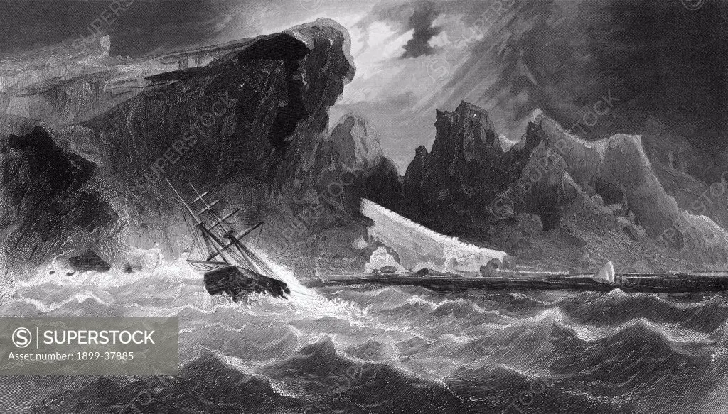 Parting Hawsers off Godsend Ledge from Arctic Explorations in the Years 1853,54,55 by American explorer Doctor Elisha Kent Kane 1820 to 1857 Volume 1 published in Philadelphia by Childs and Peterson 1856 Engraved by G. Ulman after a work by J. Hamilton from a sketch by Doctor Kane