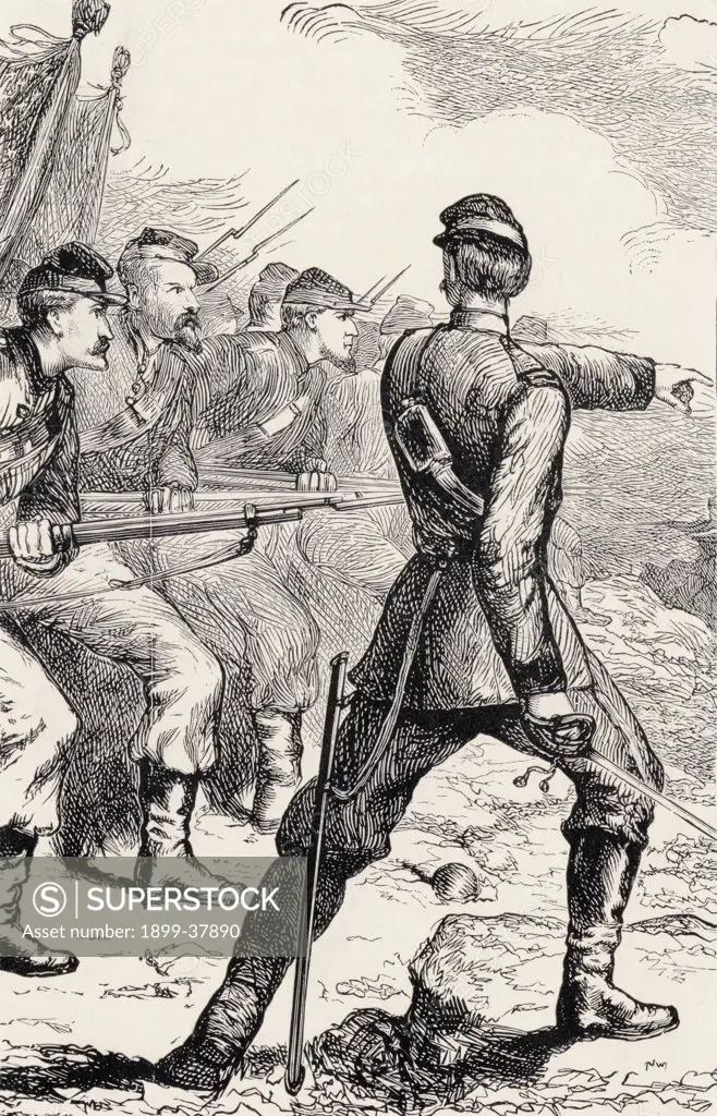 Officer leading attack in American Civil War from From Log Cabin to White House by William M. Thayer published by Hodder and Stoughton 1905