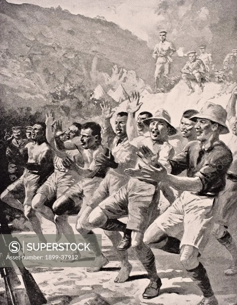 Maori soldiers perform a Haka at Gaba Tepe on the Gallipoli Peninsula Turkey 1915 From The War Illustrated Album deLuxe published London 1916