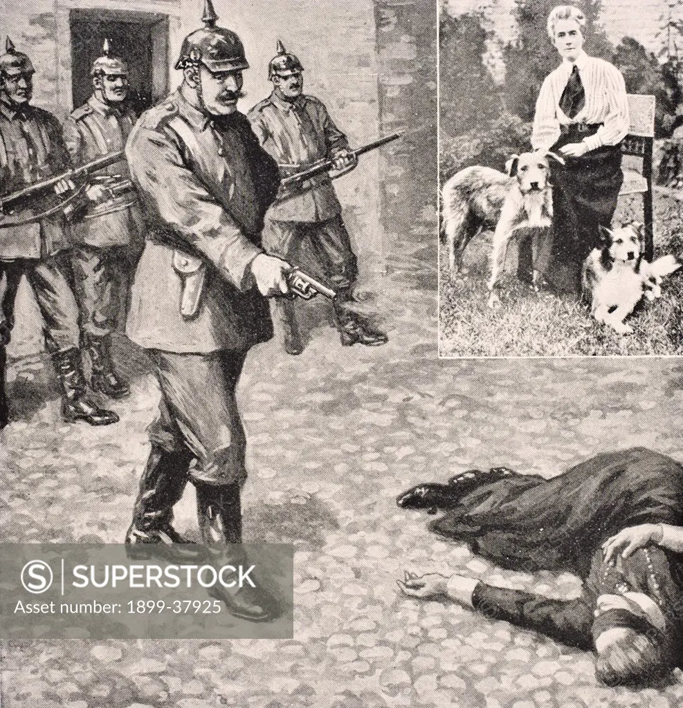Imaginary drawing of execution of Edith Louisa Cavell 1865 to 1915 British nurse and humanitarian on October 12 1915. Inset Edith Cavell at home with her dogs From The War Illustrated Album deLuxe published London 1916