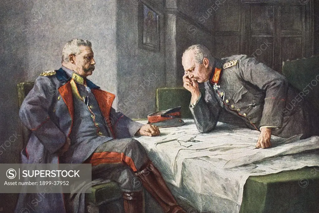 General Paul Von Hindenburg 1847 1934 and chief of staff Erich Von Ludendorff 1865 1937 at the map table after a painting by Hugo Vogel From Tannenberg published Berlin 1928