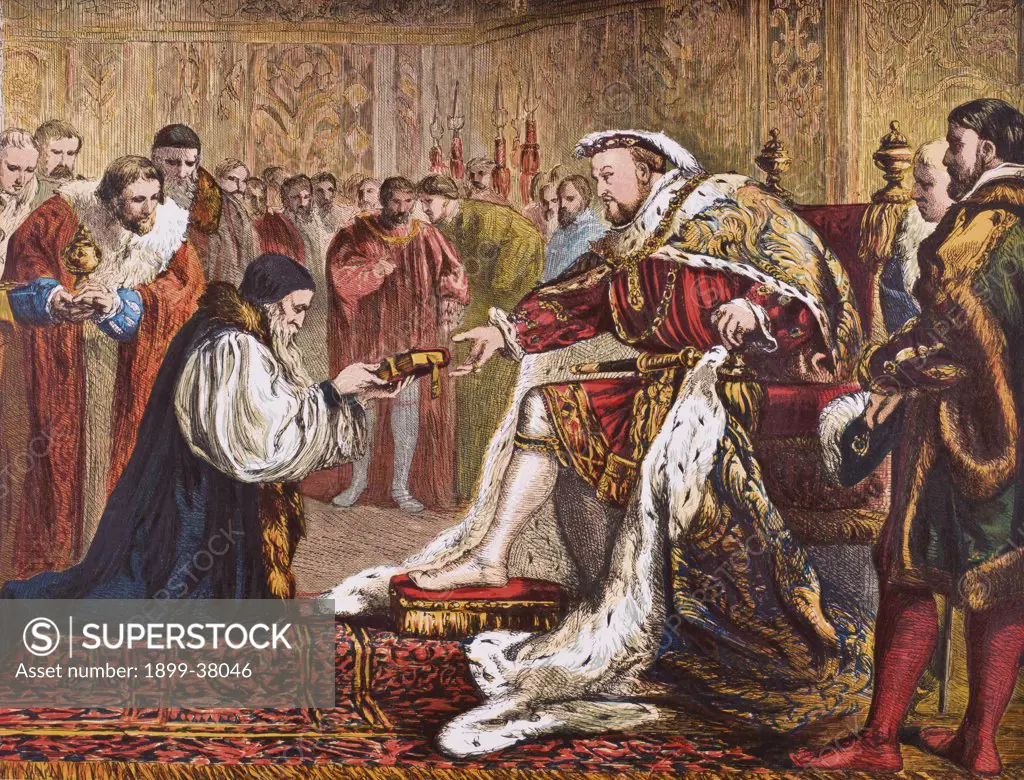 Hugh Latimer 1485 to 1490-1555 English protestant preacher and martyr presenting the Bible to King Henry VIII 1491-1547 From Old England's Worthies by Lord Brougham and others published London circa 1880's