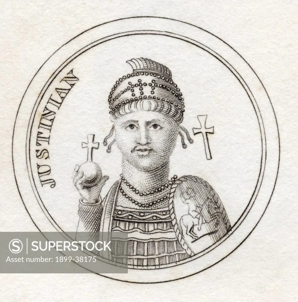 Justinian I or Justinian the Great Flavius Petrus Sabbatius Justinianus 482 - 565 Eastern Roman Emperor From the book Crabbs Historical Dictionary published 1825