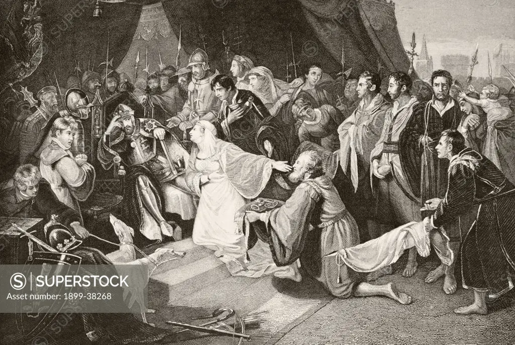 Queen Philippa interceding with her husband Edward III to spare the lives of the Burghers of Calais. From The National and Domestic History of England by William Aubrey published London circa 1890