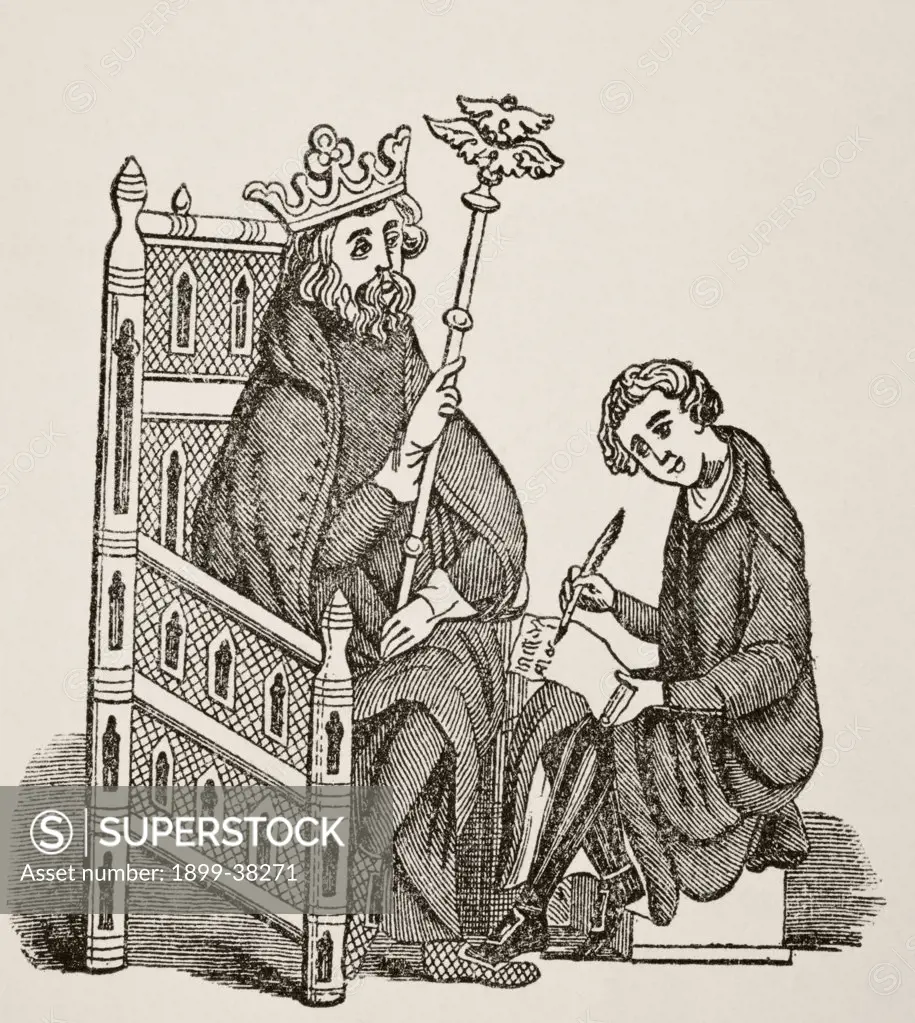 Scribe writing letter for a King seated in a library chair. Fourteenth century. From The National and Domestic History of England by William Aubrey published London circa 1890