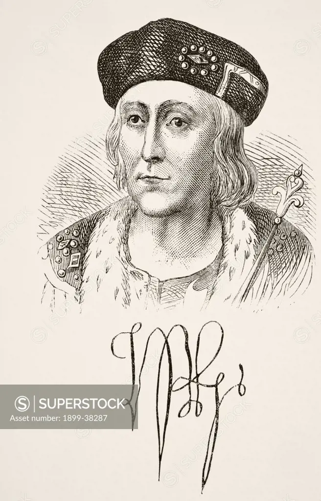 Autograph and portrait of King Henry VII of England 1457 to 1509. From The National and Domestic History of England by William Aubrey published London circa 1890