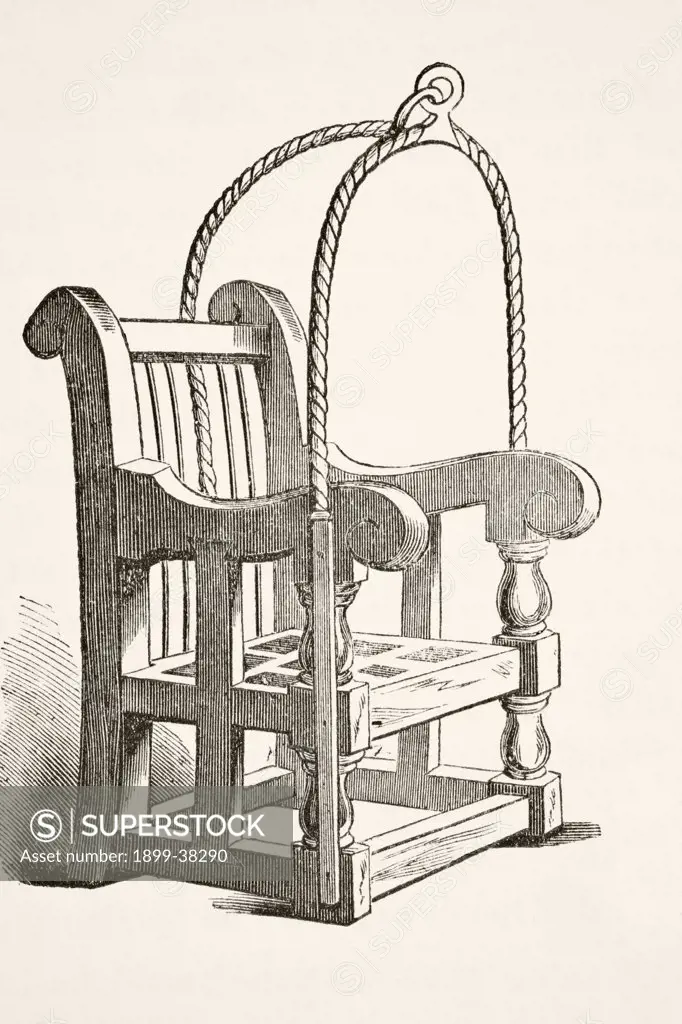 Ducking stool used in the 15th century. From The National and Domestic History of England by William Aubrey published London circa 1890