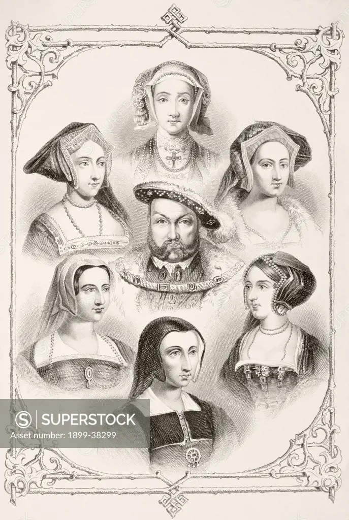 King Henry VIII of England and his six wives. From top centre and clockwise Anne of Cleves, Catherine Howard, Anne Boleyn, Catherine of Aragon, Catherine Parr and Jane Seymour. From The National and Domestic History of England by William Aubrey published London circa 1890