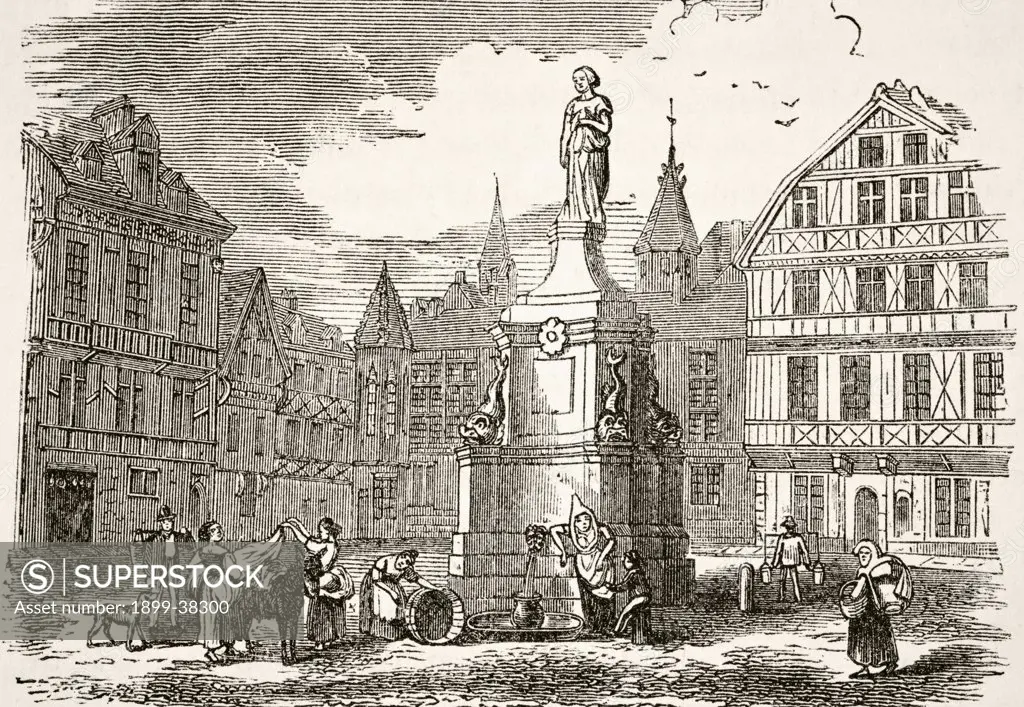 Joan of Arc statue in Old Market Place Rouen France in 19th century. From The National and Domestic History of England by William Aubrey published London circa 1890