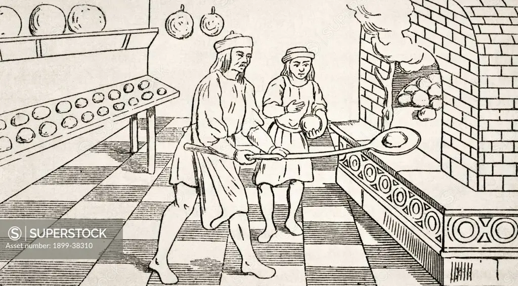 Bakers baking bread in oven in the 15th century. From The National and Domestic History of England by William Aubrey published London circa 1890