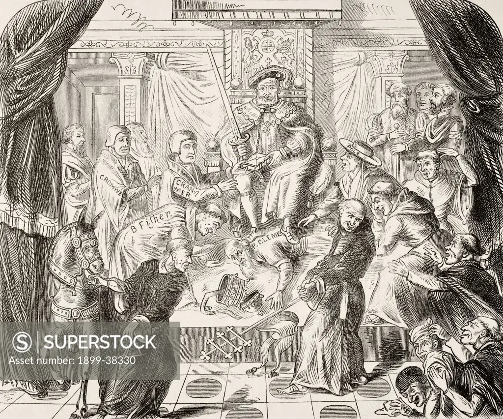Allegorical picture of King Henry VIII of England trampling on Pope Clement VII. From The National and Domestic History of England by William Aubrey published London circa 1890