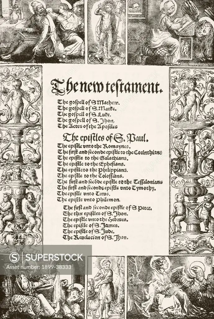 Title page of William Tyndale's New Testament printed 1530's. From The National and Domestic History of England by William Aubrey published London circa 1890