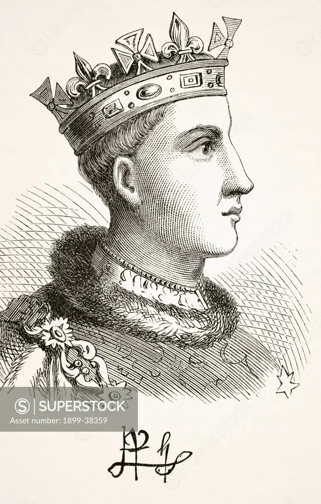 Portrait and autograph of King Henry V of England 1387 to 1422. From The National and Domestic History of England by William Aubrey published London circa 1890