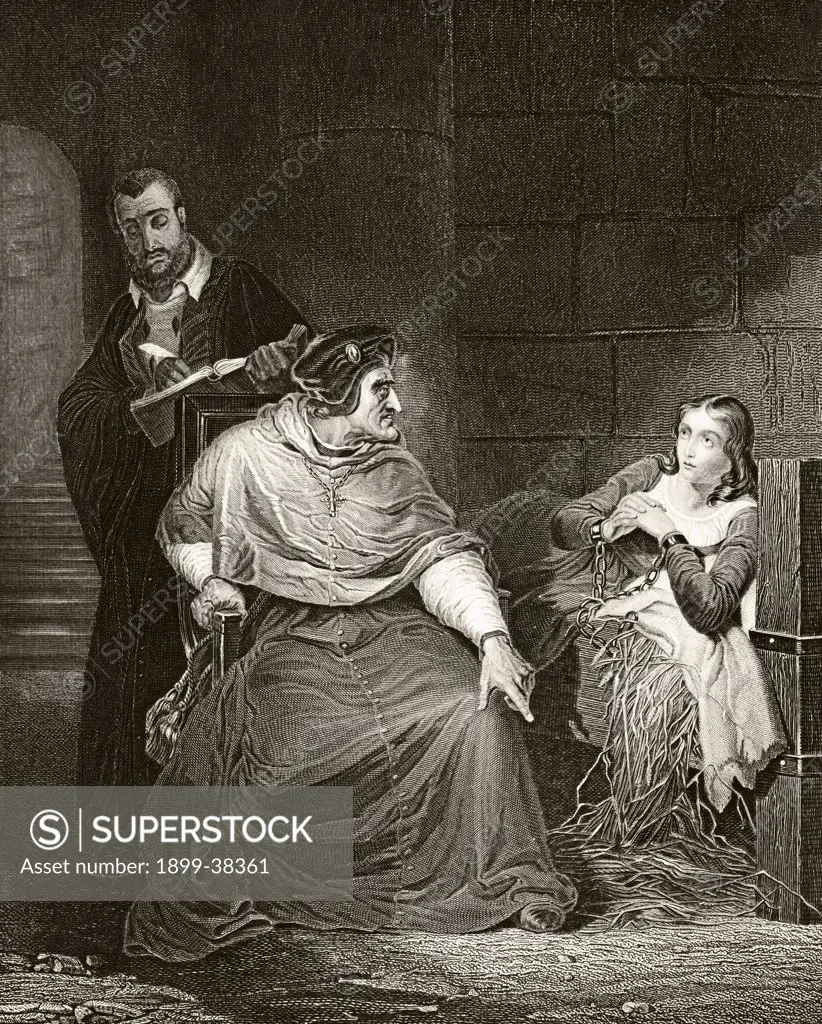 Joan of Arc 1412 to 1431 being interrogated in her cell by the Cardinal of Winchester after the painting by Paul Delaroche From The National and Domestic History of England by William Aubrey published London circa 1890