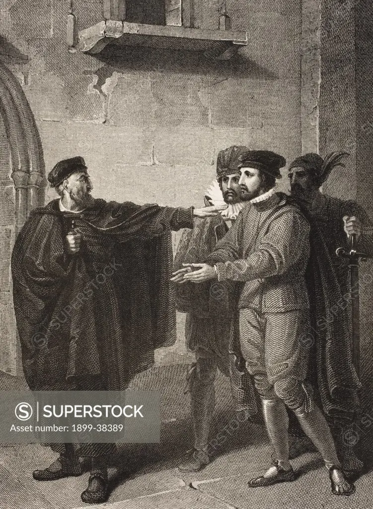 The Merchant of Venice. Act III. Scene III. Venice A Street. Shylock, Salarino, Antonio and Gaoler. From The Boydell Shakespeare Gallery published late 19th century. After a painting by Richard Westall.