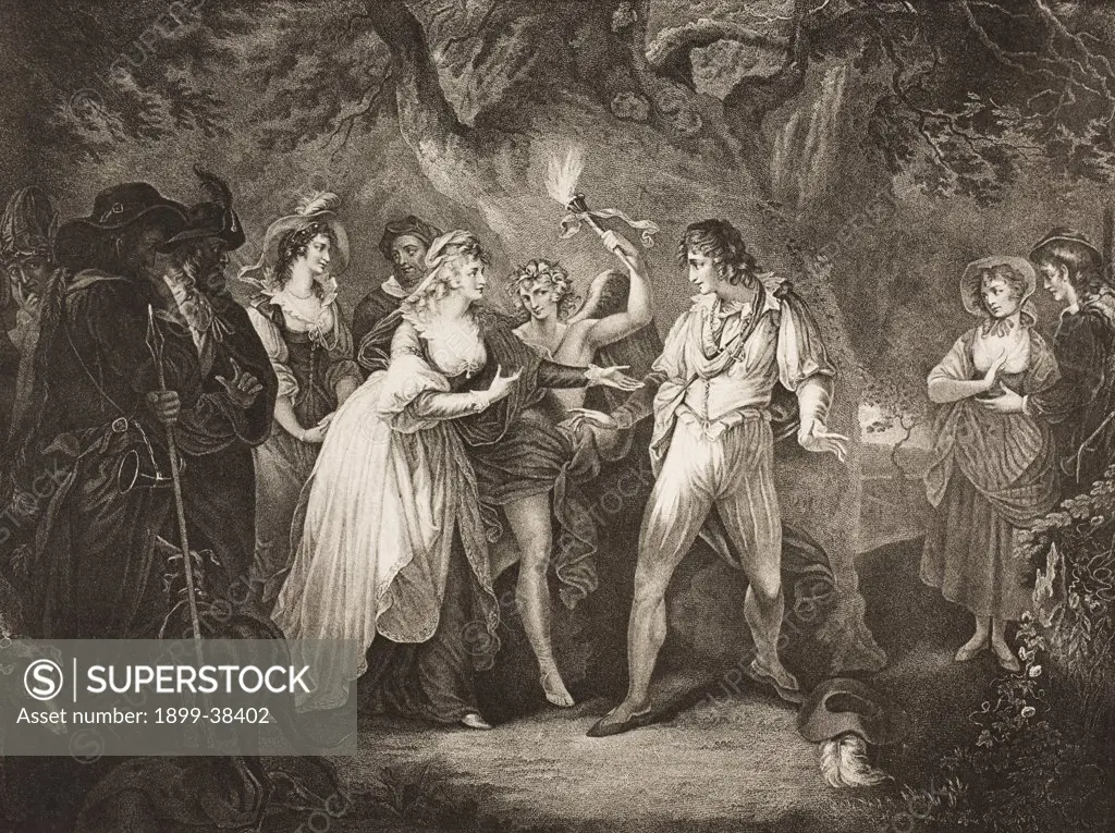 As You Like It.Act V. Scene IV. The Forest. Duke Senior, Amiens, Jaques, Orlando, Silvius, Oliver, Touch Stone, Audrey, Phebe, Rosalind, Celia and Hymen. From The Boydell Shakespeare Gallery published late 19th century. After a painting by William Hamilton.