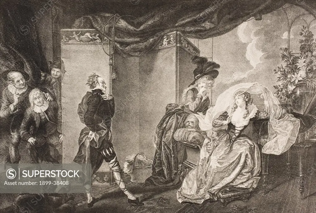Twelfth Night, or, What You Will. Act III. Scene IV. Olivia´s Garden. Olivia, Maria and Malvolio. From The Boydell Shakespeare Gallery published late 19th century. After a painting by John Henry Ramberg.