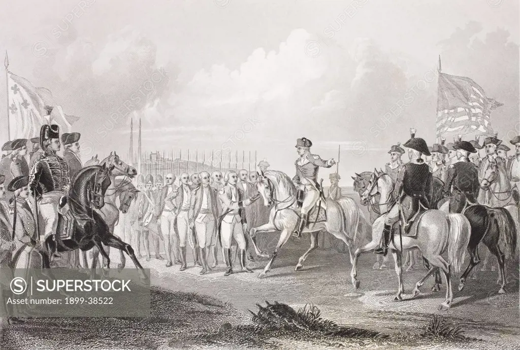 Surrender of Lord Cornwallis at York Town, Virginia, USA. October 19th 1781. Lord Charles Cornwallis 1st Marquis and 2nd Earl Cornwallis 1738 - 1805. British general and statesman. From the book Gallery of Historical Portraits published c.1880.