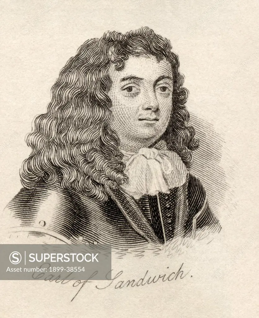 Edward Montagu 1st Earl of Sandwich, Viscount Hinchingbrooke, 1625 - 1672. English admiral. From the book Crabb's Historical Dictionary published 1825.