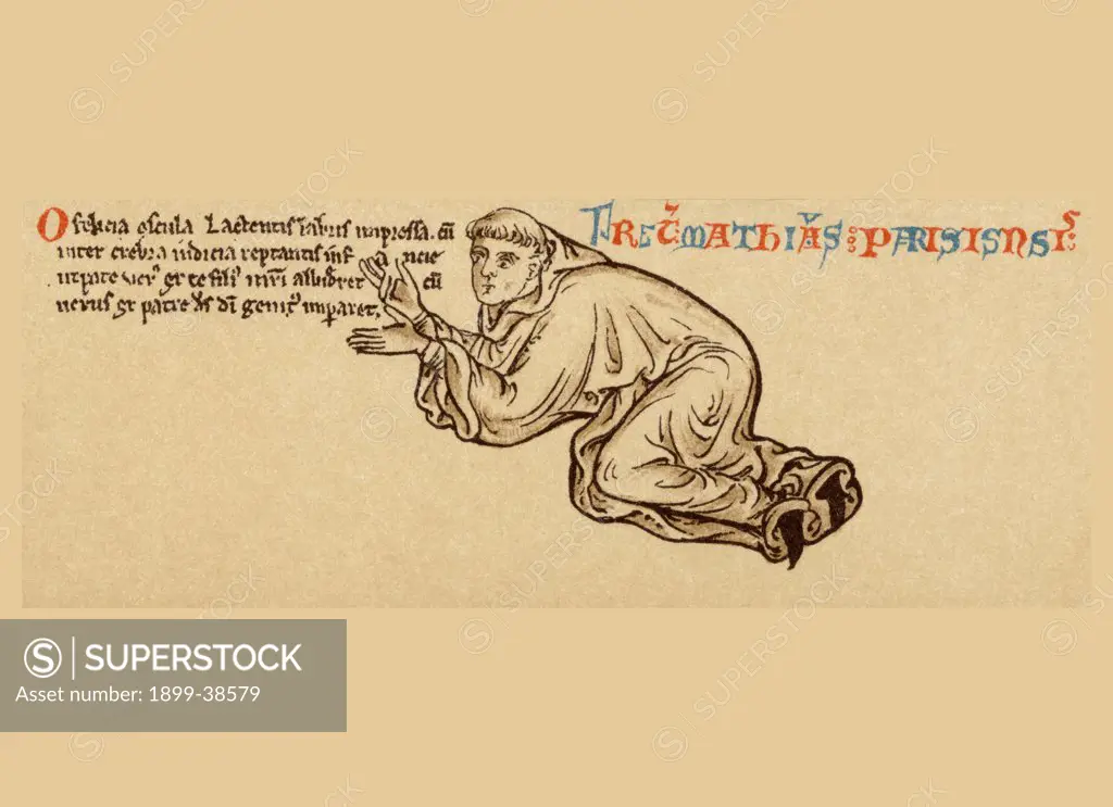 Matthew Paris c. 1200 - 1259. English Benedictine monk, chronicler and illuminated manuscripts artist. Self portrait of himself at feet of Virgin and Child. After 13th century manuscript.