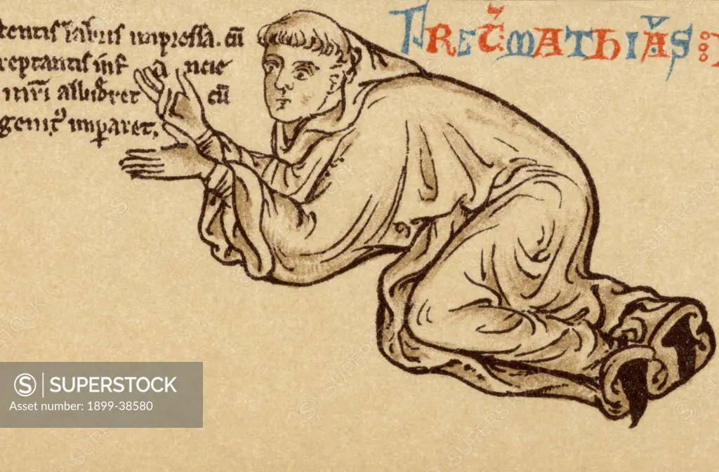 Matthew Paris c. 1200 - 1259. English Benedictine monk, chronicler and illuminated manuscripts artist. Self portrait of himself at feet of Virgin and Child. After 13th century manuscript.
