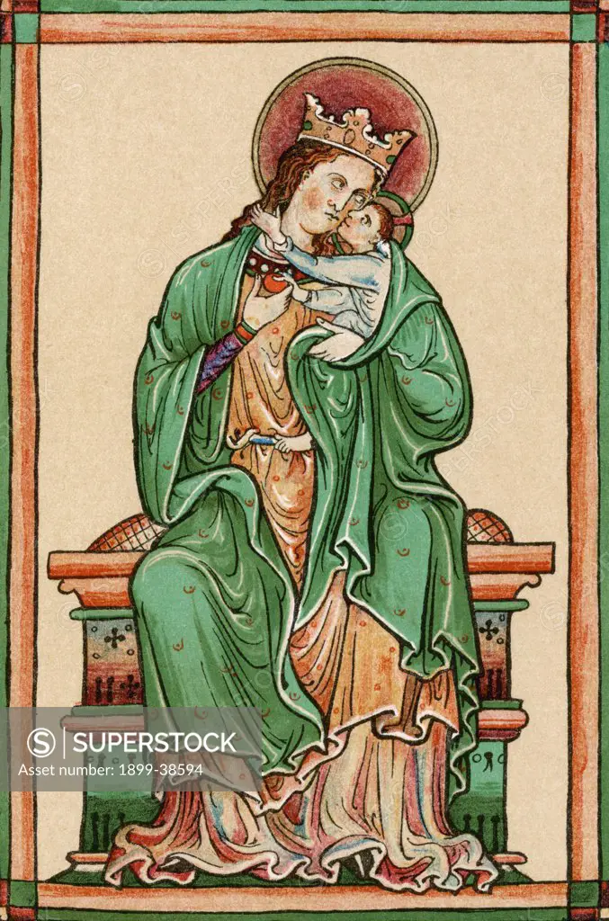 The Virgin and Child. After 13th century illuminated manuscript by artist Matthew Paris c 1200 - 1259.