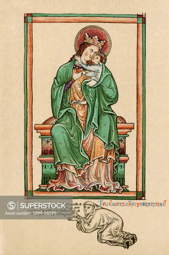 Self portrait of Matthew Paris c. 1200 - 1259, English Benedictine monk, chronicler and illuminated manuscripts artist, at the feet of the Virgin and Child. After 13th century manuscript.