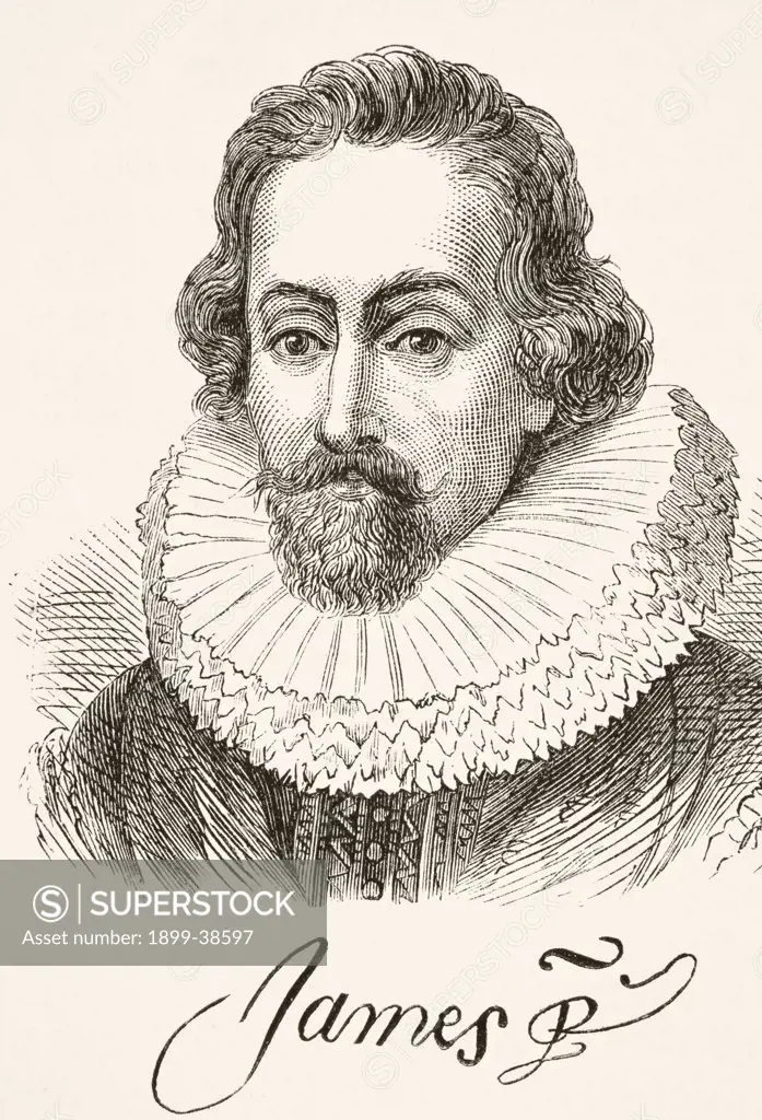 King James I of England 1566 to 1625. King of England, Ireland, and, as James VI, of Scotland. Portrait and signature. From The National and Domestic History of England by William Aubrey published London circa 1890
