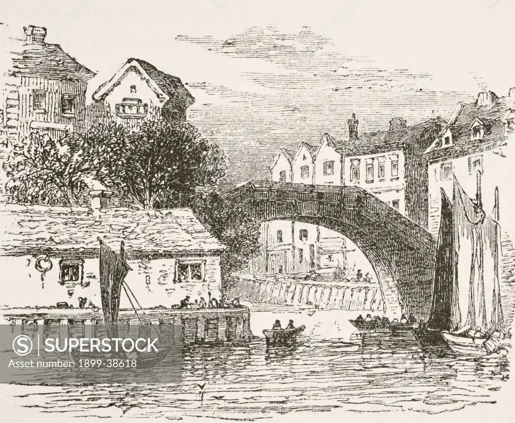 Fleet Bridge London in the 17th century. From The National and Domestic History of England by William Aubrey published London circa 1890