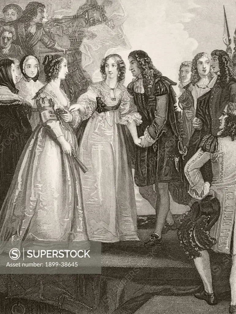 King Charles II of England meeting his sister Duchess Henrietta of Orleans at Dover 1670. From The National and Domestic History of England by William Aubrey published London circa 1890