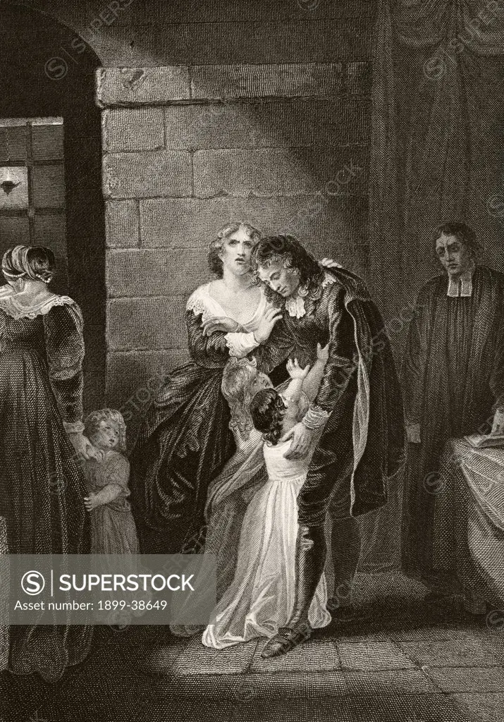 Lord William Russell saying farewell to his family prior to his execution July 21 1683. From The National and Domestic History of England by William Aubrey published London circa 1890