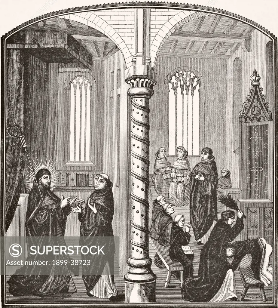 A school of mendicant monks and a pupil being birched from 15th century miniature From Science and Literature in The Middle Ages by Paul Lacroix published London 1878