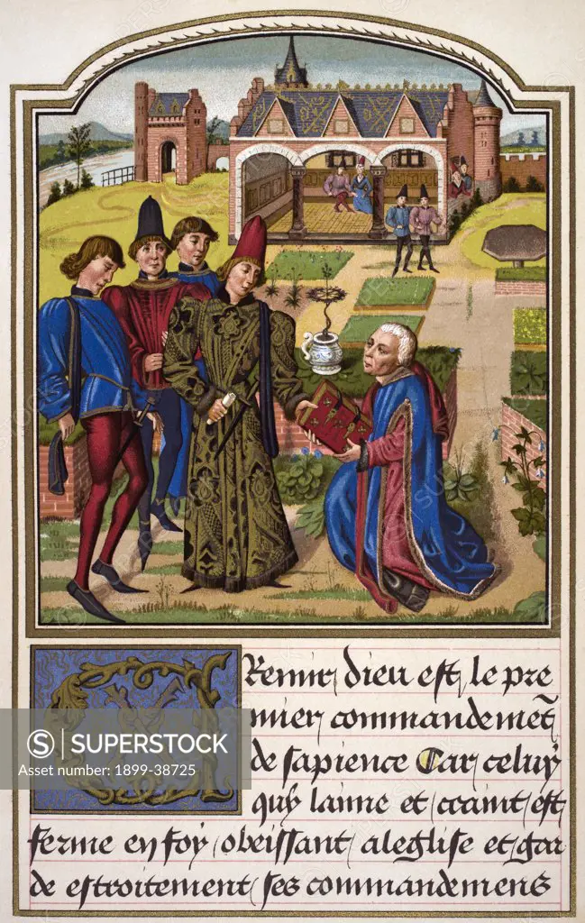 Georges Chastellain died 1475 Burgundian chronicler and poet offers his book to Charles Duke of Burgundy From Science and Literature in The Middle Ages by Paul Lacroix published London 1878