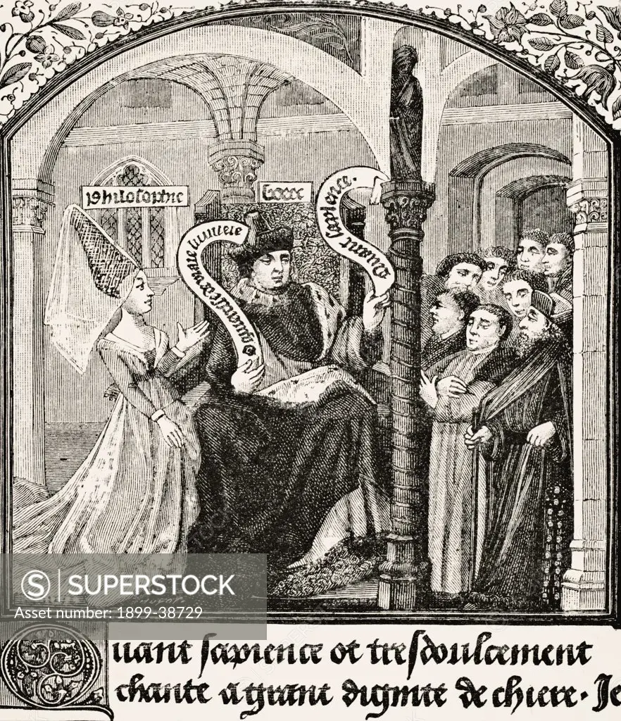 Anicius Manlius Severinus Boethius 480 to 524 or 525 takes counsel of Dame Philosophy. After miniature in 15th century MS Consolation of Boethius. From Science and Literature in The Middle Ages by Paul Lacroix published London 1878