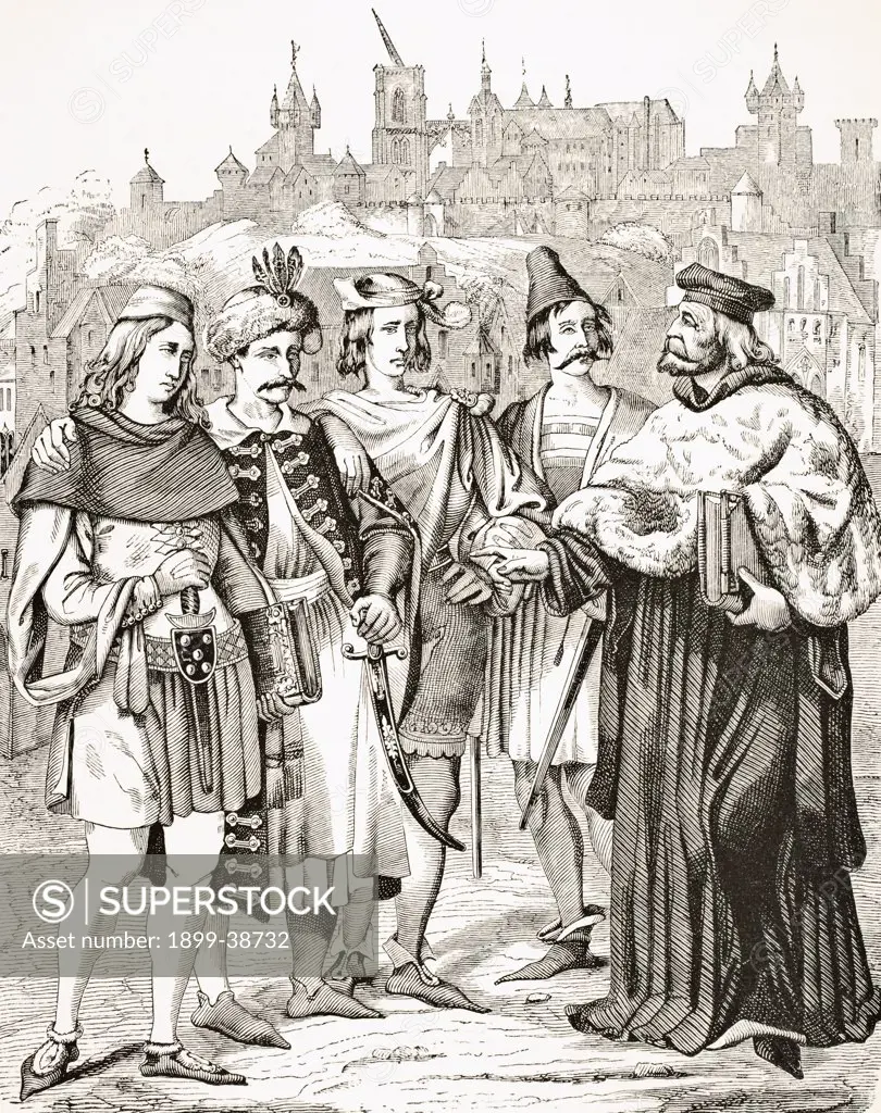 Rector of Prague University and Scholars from different Nations circa 15th century From Science and Literature in The Middle Ages by Paul Lacroix published London 1878