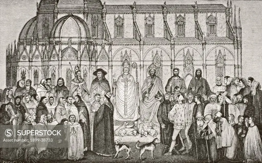 The Ecclesiastical Hierarchy with the political authority by which it is supported. The Religious Orders and the Afflicted appear in the foreground and according to an allegory the black and white dog at the feet of the Pope is meant to represent the Dominicans protecting the lambs from heresy in the form of a wolf. After fragment of 14th century fresco The Church Militant and the Church Triumphant painted by Simone Memmi in Sienna Cathedral. From Science and Literature in The Middle Ages by Pau