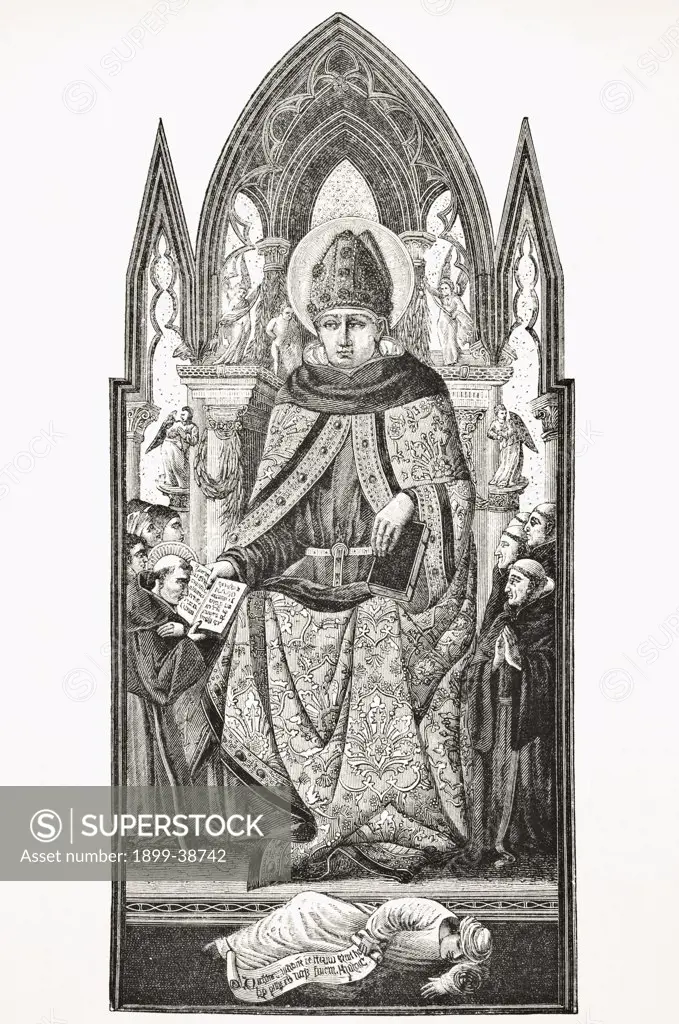 St Augustine Bishop of Hippo 354 to 430 Philosopher,theologian After 15th century painting from Italian school From Science and Literature in The Middle Ages by Paul Lacroix published London 1878