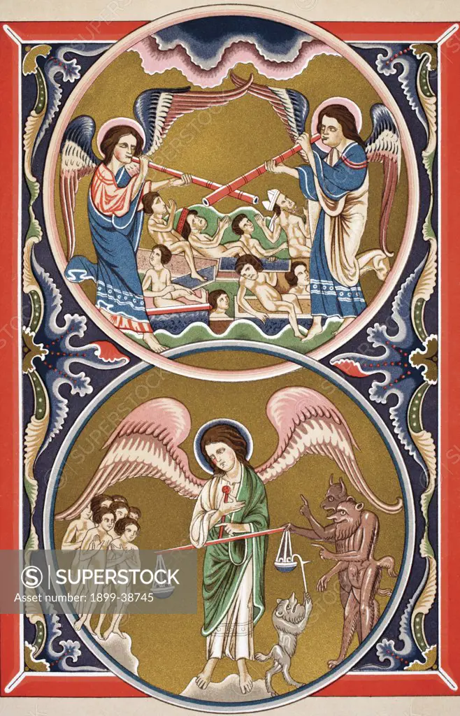 The Resurrection of the Dead and the Weighing of Souls in the Balance at the Last Judgement after a medieval miniature From Science and Literature in The Middle Ages by Paul Lacroix published London 1878