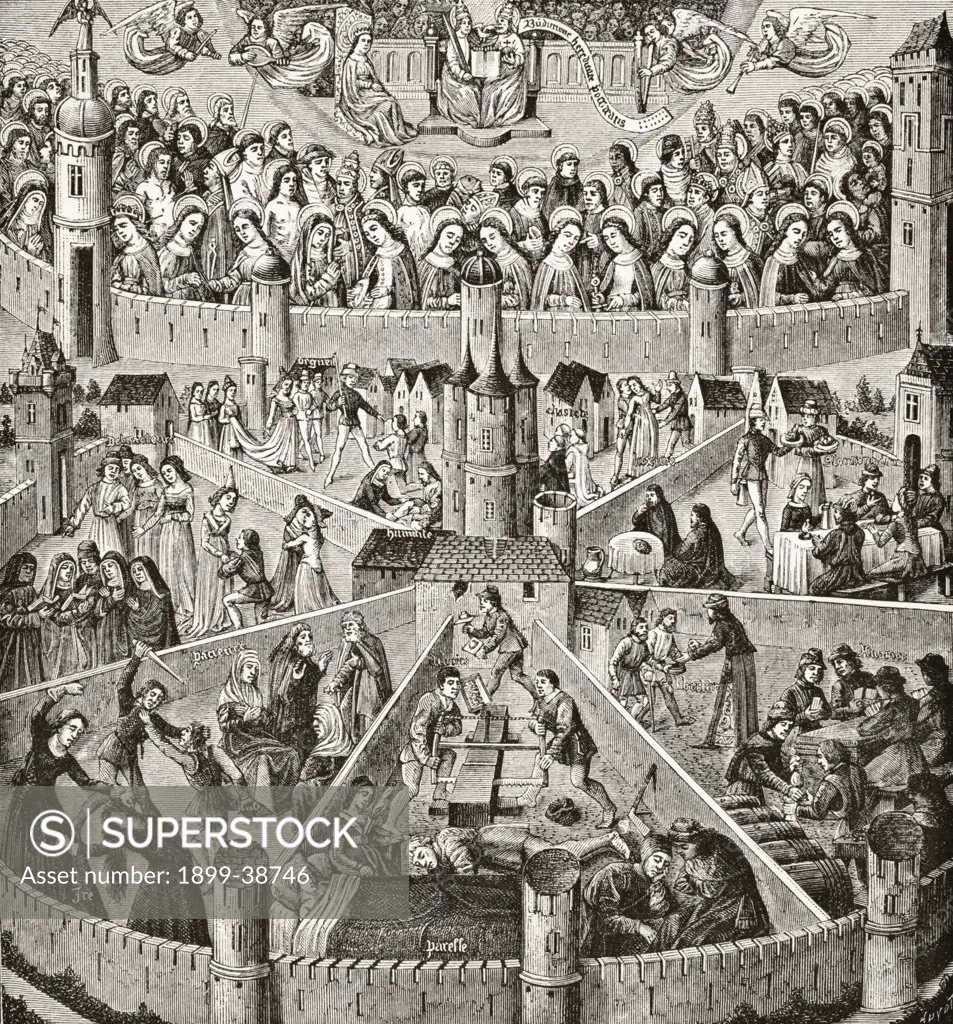 The City of God of St Augustine after a 15th century engraving. The upper enclosure represents saints who have been received into Heaven. The seven enclosures below show those preparing themselves for Heaven by exercising Christian virtues, or who are excluding themselves by committing one or other of the seven capital sins From Science and Literature in The Middle Ages by Paul Lacroix published London 1878