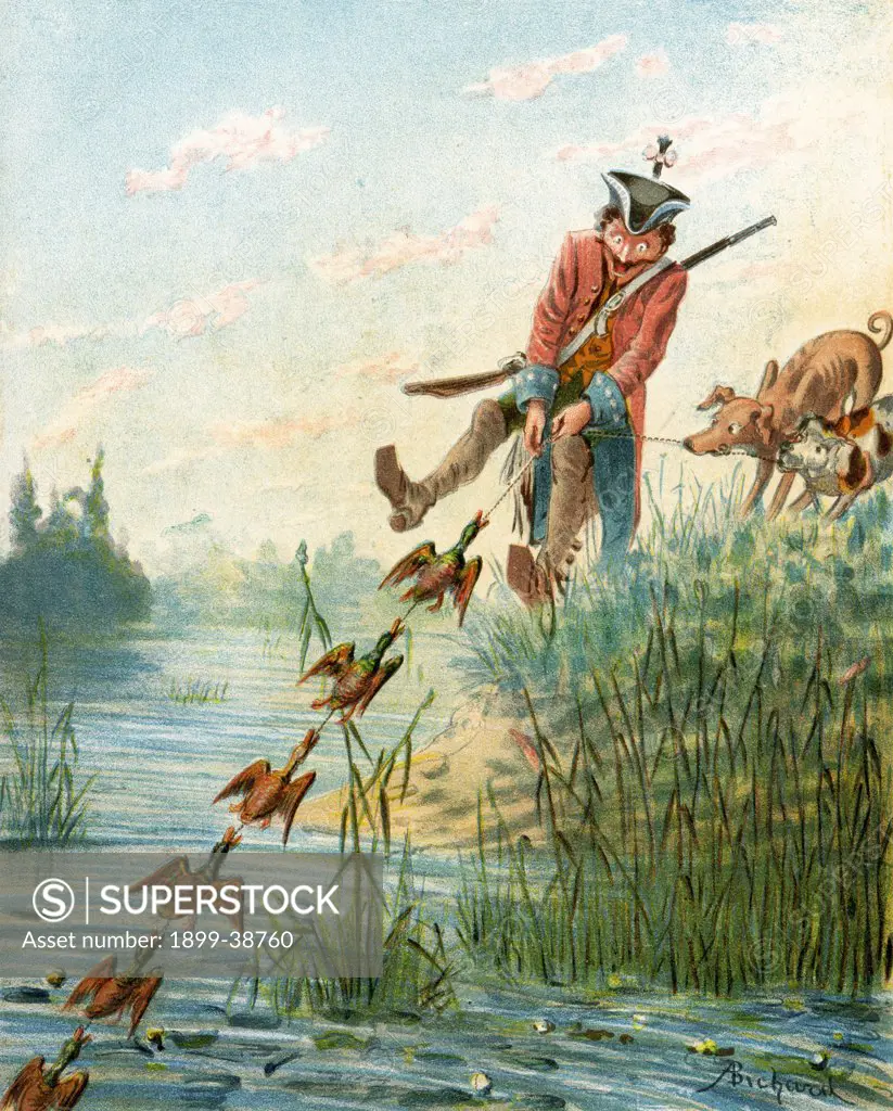 Baron Munchausen catching ducks with bacon fat Illustration by Alphonse Adolf Bichard from the book The Adventures of Baron Munchausen published c1886