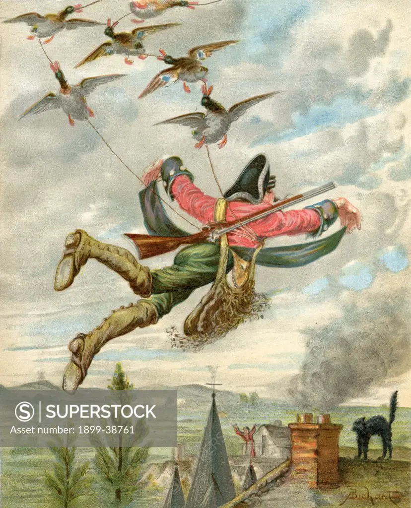 Baron Munchausen lifted from earth by ducks Illustration by Alphonse Adolf Bichard from the book The Adventures of Baron Munchausen published c1886