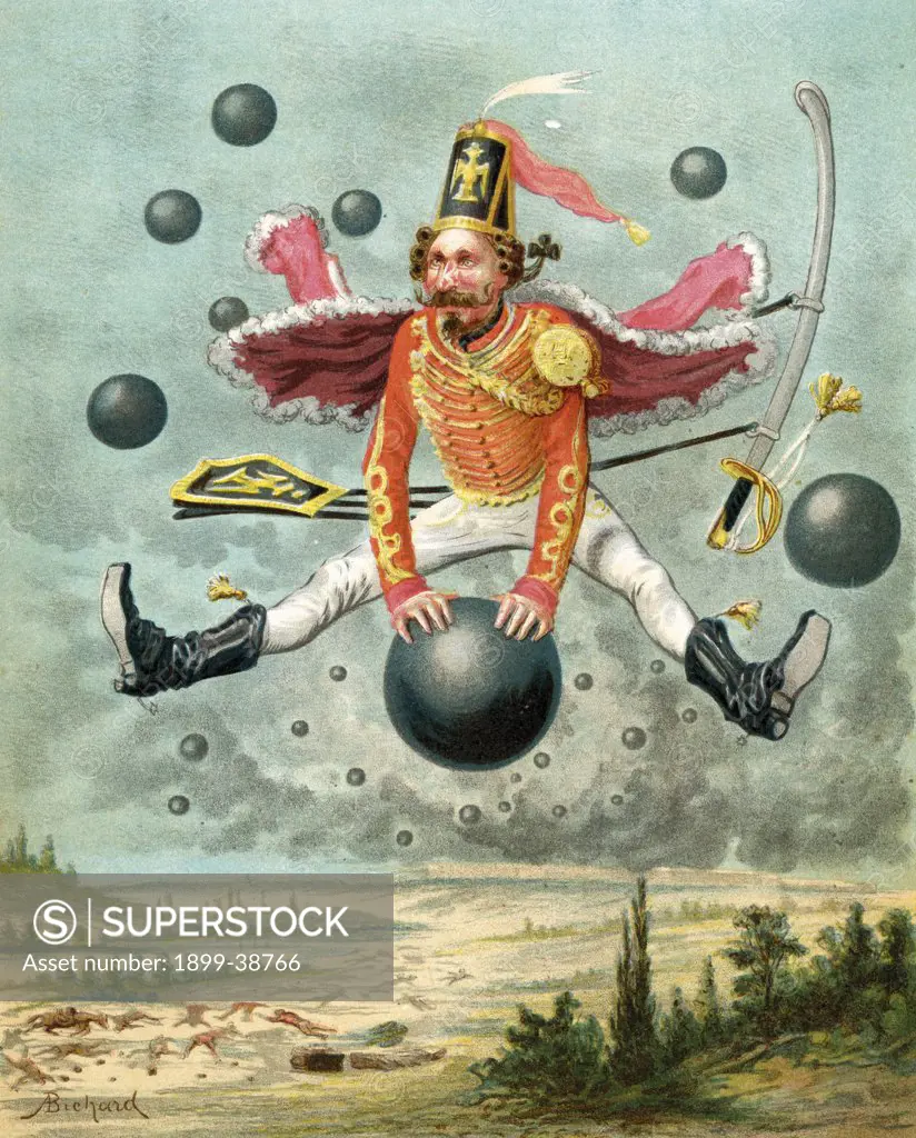 Baron Munchausen riding a cannon ball during the fight with Tippoo Illustration by Alphonse Adolf Bichard from the book The Adventures of Baron Munchausen published c1886
