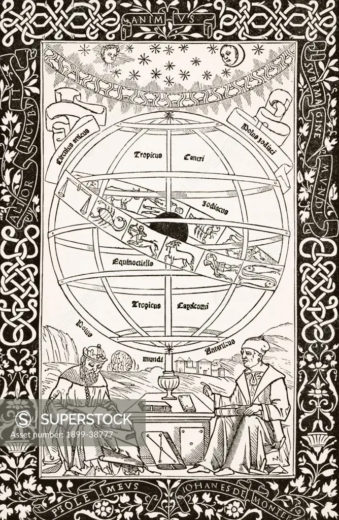 Ptolemy's System explained by Johannes Muller von Konigsberg (right) 1436 to 1476 German astronomer,astrologer,mathematician after wood engraving of 1543 From Science and Literature in The Middle Ages by Paul Lacroix published London 1878