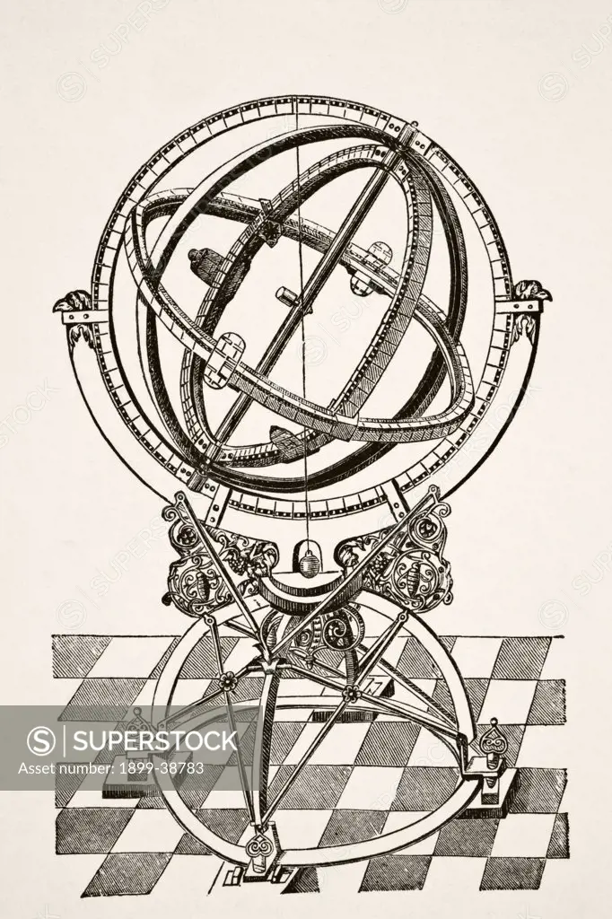 Equatorial Rings or Circles after copper engraving in book Tychonis Brahe Astronomiae Instauratae Mechanica of 1602. From Science and Literature in The Middle Ages by Paul Lacroix published London 1878